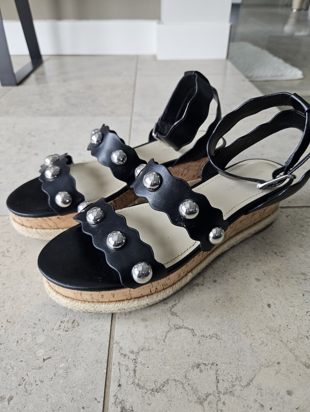 MARC FISHER Faythe Studded Ankle Strap Espadrille Wedge Platform Sandals, Black